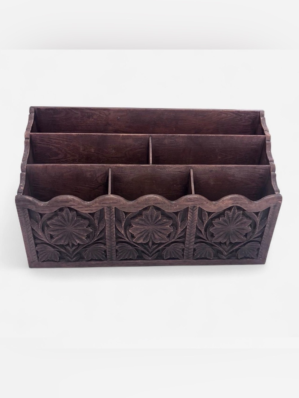 Hand-Carved Wooden Multi-Compartment Organizer - Dark Brown